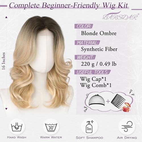BARSDAR Short Wavy Layered Blonde Ombre Wig Shoulder Length Wavy Ombre Blonde Wigs for Women Short Body Wave Layered Wig with FaceFraming Curtain Bangs Soft Synthetic Natural Looking Daily Party - Image 3