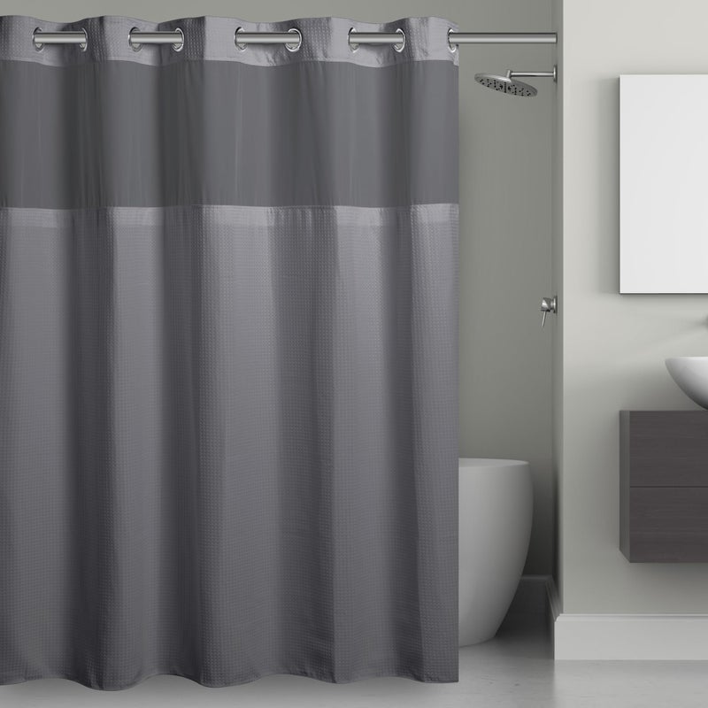 Hookless Itâ€™s A Snap! Waffle Shower Curtain, 3-in-1 Shower Curtain Includes Fabric Shower Curtain with Sheer Top Window, Flex-On Rings & Fabric Liner, 71â€ x 74â€, Frost Grey - Image 1
