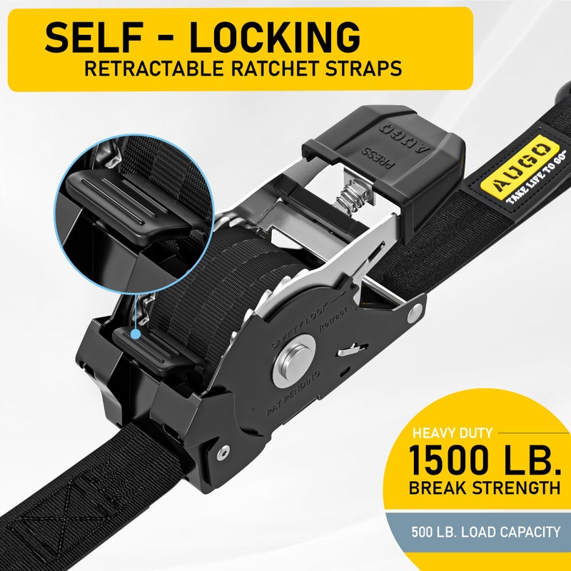 AUGO Self-Locking Retractable Ratchet Straps | 4 Heavy Duty Self-Tensioning Retractable Tie Down Straps with Soft Loops & Storage Bag | for Motorcycle, Truck, Cargo | 1500Lb Break Strength 1â€ x 12â€™ - Image 2