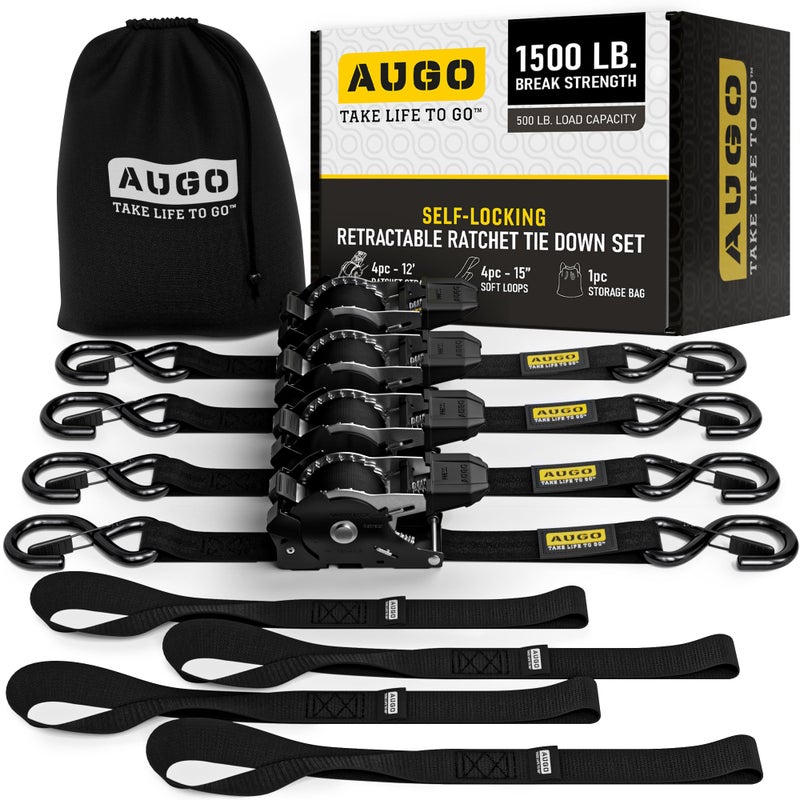 AUGO Self-Locking Retractable Ratchet Straps | 4 Heavy Duty Self-Tensioning Retractable Tie Down Straps with Soft Loops & Storage Bag | for Motorcycle, Truck, Cargo | 1500Lb Break Strength 1â€ x 12â€™ - Image 1