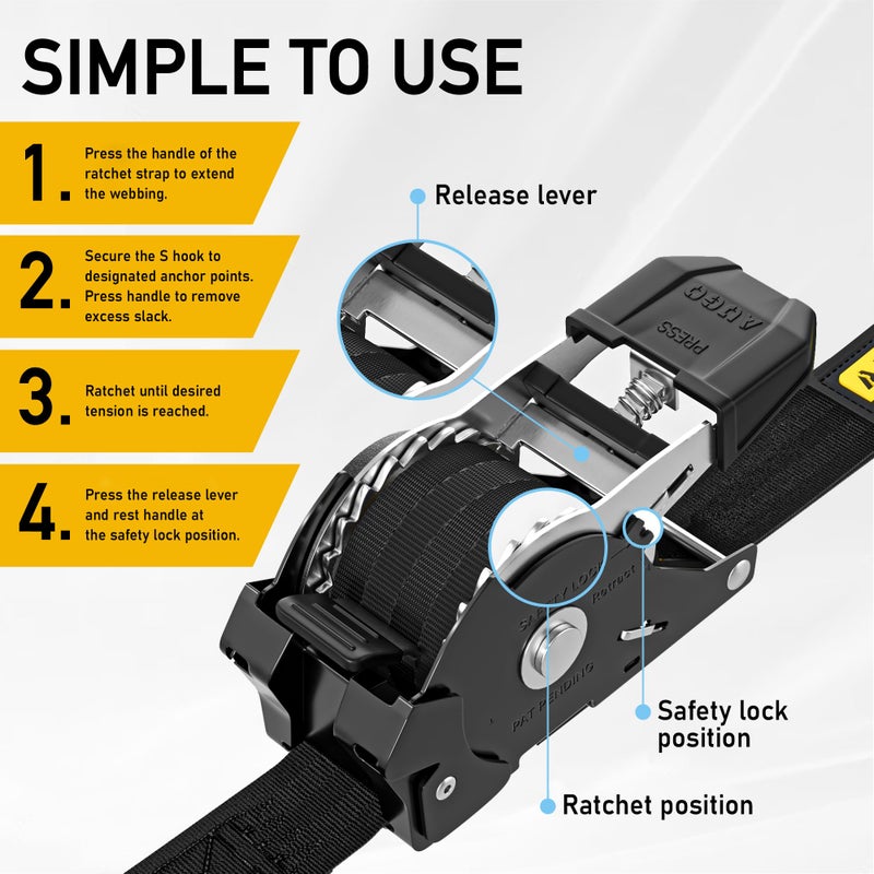 AUGO Self-Locking Retractable Ratchet Straps | 4 Heavy Duty Self-Tensioning Retractable Tie Down Straps with Soft Loops & Storage Bag | for Motorcycle, Truck, Cargo | 1500Lb Break Strength 1â€ x 12â€™ - Image 5