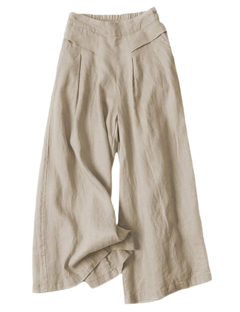 Hooever Womens Cotton Linen Culottes Pants Elastic Waist Wide Leg Palazzo Trousers Capri Pant LightkhakiXXL