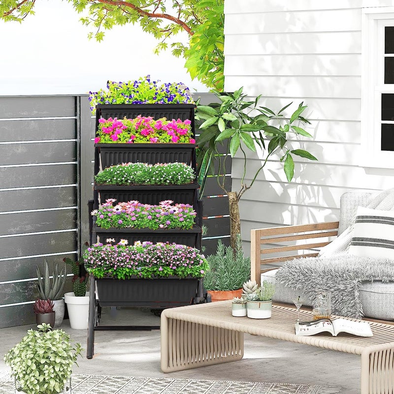 Homdox 5-Tier Elevated Garden Bed with Lockable Caster Wheels - Freestanding Vertical Raised Bed with 5 Garden Planter Boxes- Perfect to Grow Vegetables Herbs Flowers Indoor(Black) - Image 2