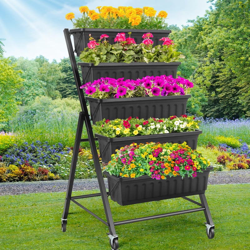 Homdox 5-Tier Elevated Garden Bed with Lockable Caster Wheels - Freestanding Vertical Raised Bed with 5 Garden Planter Boxes- Perfect to Grow Vegetables Herbs Flowers Indoor(Black) - Image 1