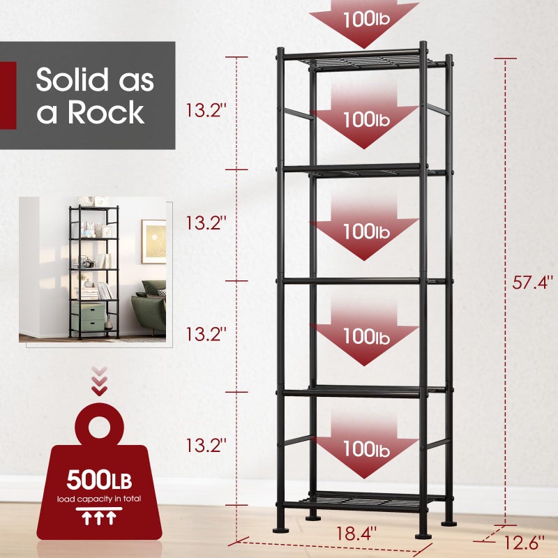 Sakugi Storage Shelves - 5 Tier Shelf Organizer, Heavy Duty Garage Shelving Unit with Leveling Feet, Stable Metal Shelves Organizer for Pantry, Kitchen and Closet, 18.4" W x 12.6" D x 57.4" H, Black - Image 2