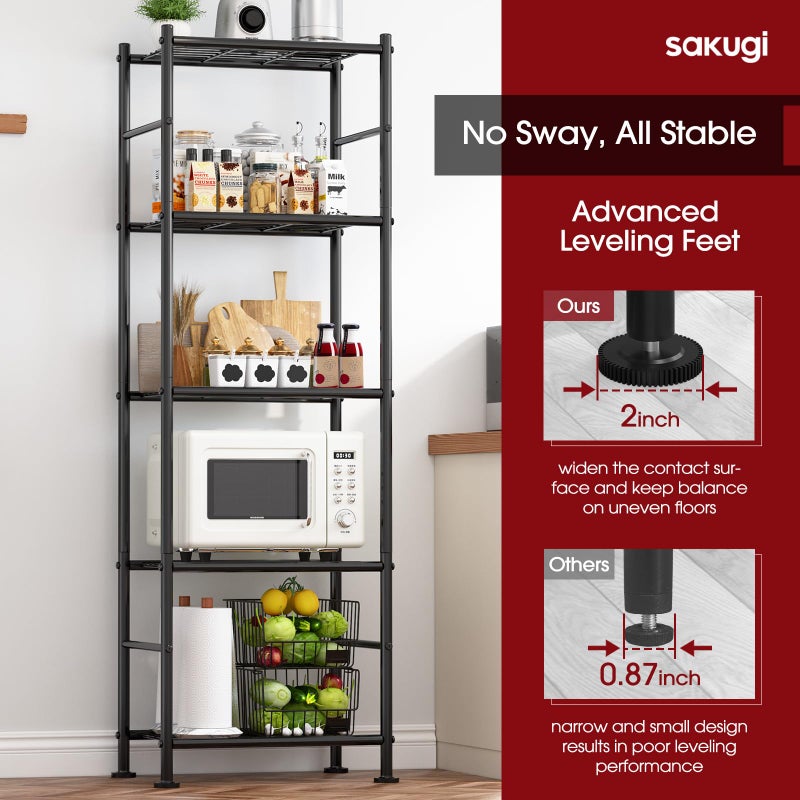 Sakugi Storage Shelves - 5 Tier Shelf Organizer, Heavy Duty Garage Shelving Unit with Leveling Feet, Stable Metal Shelves Organizer for Pantry, Kitchen and Closet, 18.4" W x 12.6" D x 57.4" H, Black - Image 5