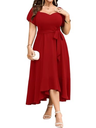 SCOMCHIC Women's Plus Size Dress for Cocktail Wedding Guest Sweetheart Neckline Formal Belted Maxi Dress with Pockets Red - Image 1