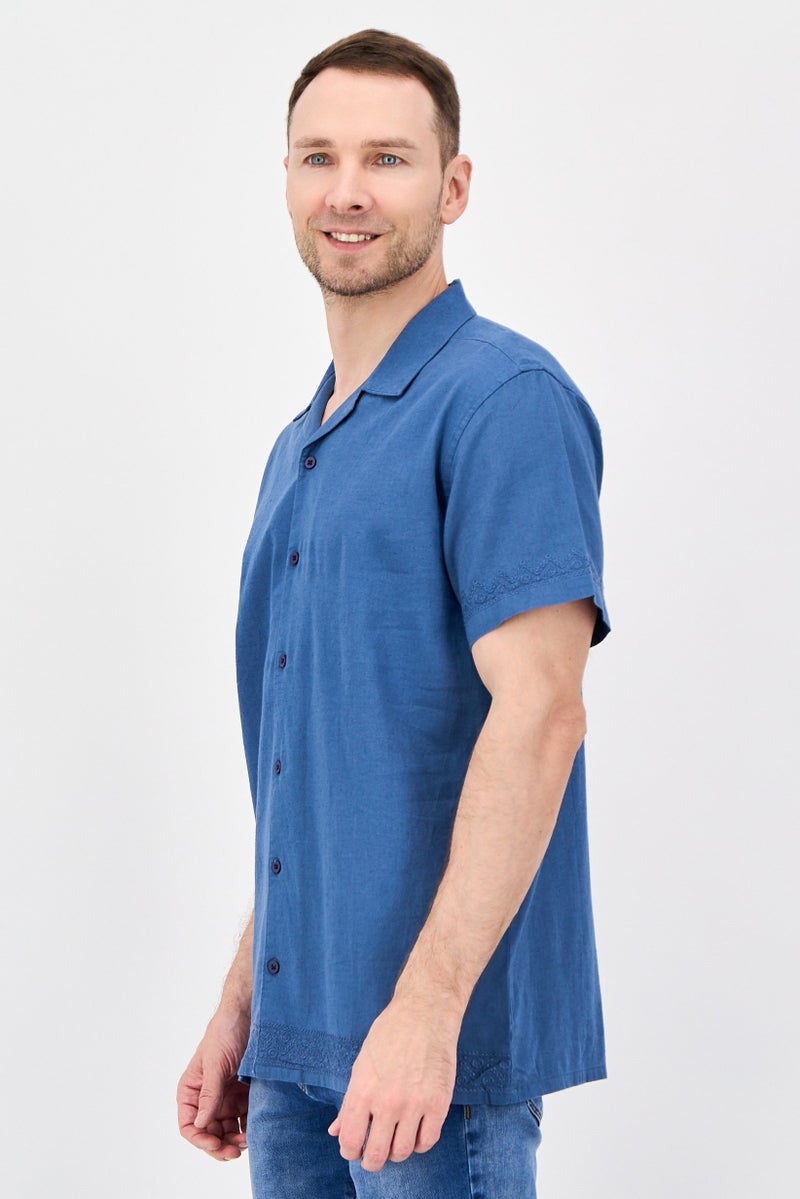 Threadbare Men Regular Fit Short Sleeve Embroidered Casual Shirt, Slate Blue - Image 2