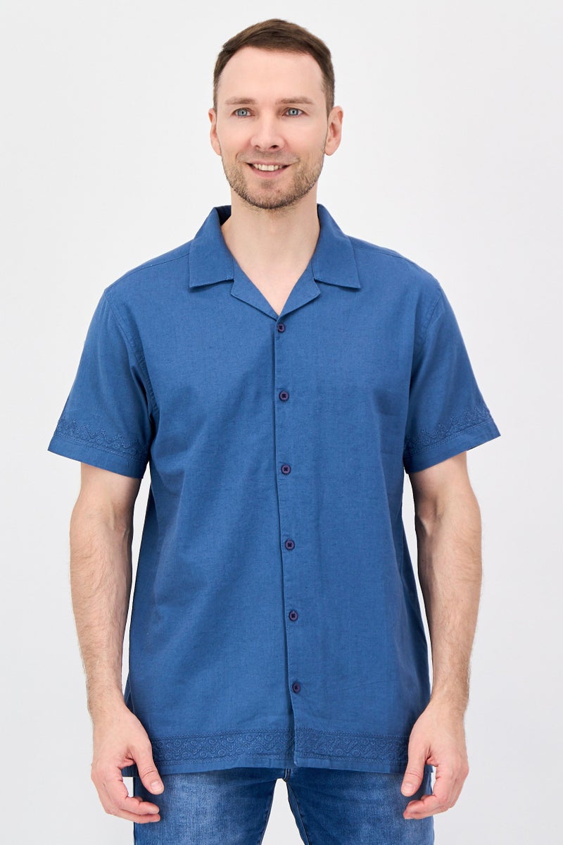 Threadbare Men Regular Fit Short Sleeve Embroidered Casual Shirt, Slate Blue - Image 1