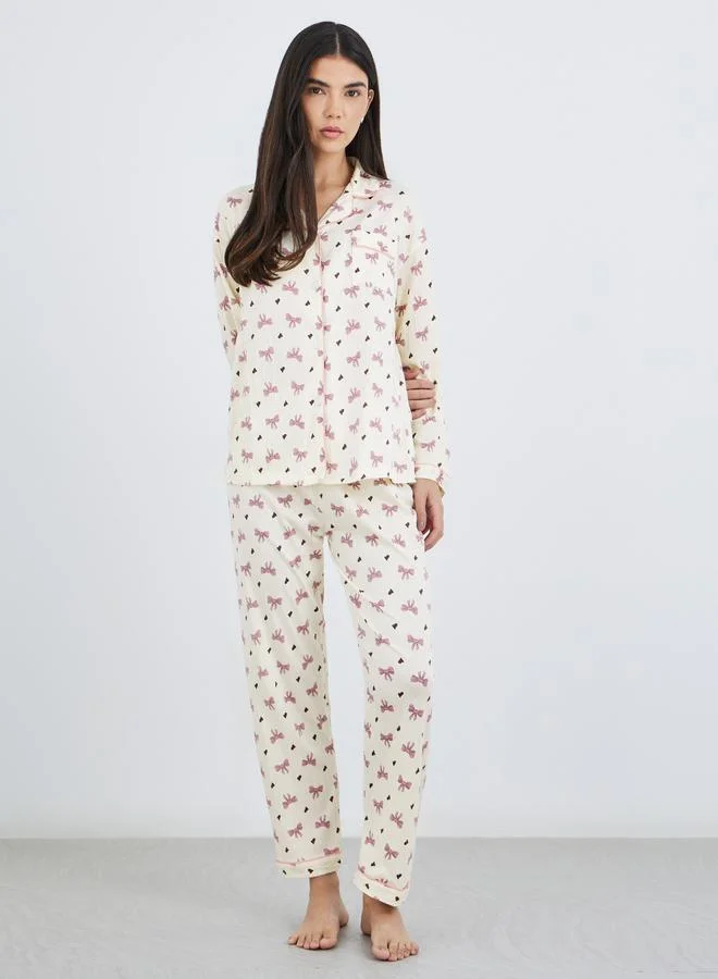 Take Two Take Two Bowknot Print Cotton Shirt and Pyjama Set