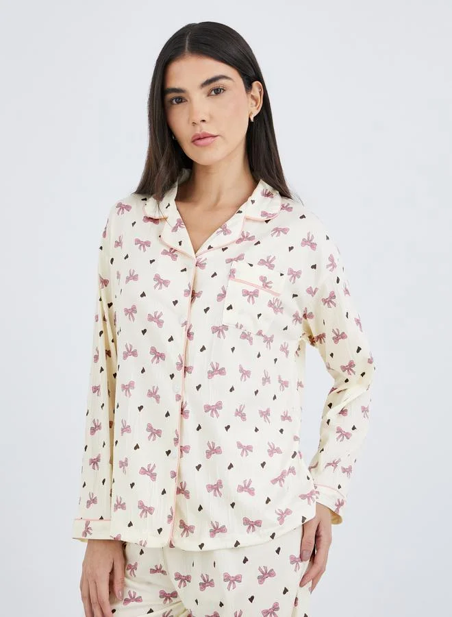 Take Two Take Two Bowknot Print Cotton Shirt and Pyjama Set