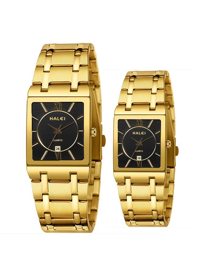 HALEI HALEI Luxury 2-Piece Square Couple Watches Gold Stainless Steel Quartz Calendar Wristwatch Rhinestone His and Her Watch Set - Image 2