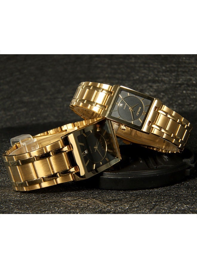 HALEI HALEI Luxury 2-Piece Square Couple Watches Gold Stainless Steel Quartz Calendar Wristwatch Rhinestone His and Her Watch Set - Image 5