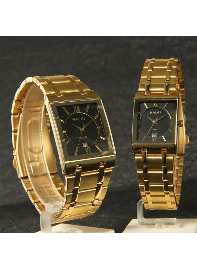 HALEI HALEI Luxury 2-Piece Square Couple Watches Gold Stainless Steel Quartz Calendar Wristwatch Rhinestone His and Her Watch Set - Image 3