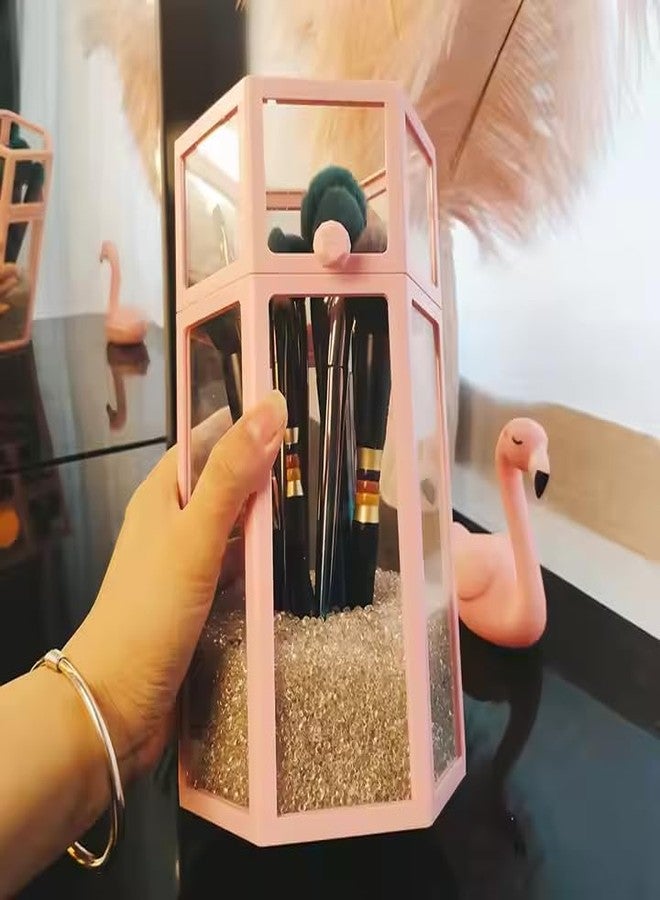 KRESHU Makeup Brush Holder Cosmetic Storage Box Makeup Organizer Brush Pen Cover Glass material Spacious Look cosmetic Organiser (Pink, 1-Pcs) - Image 2