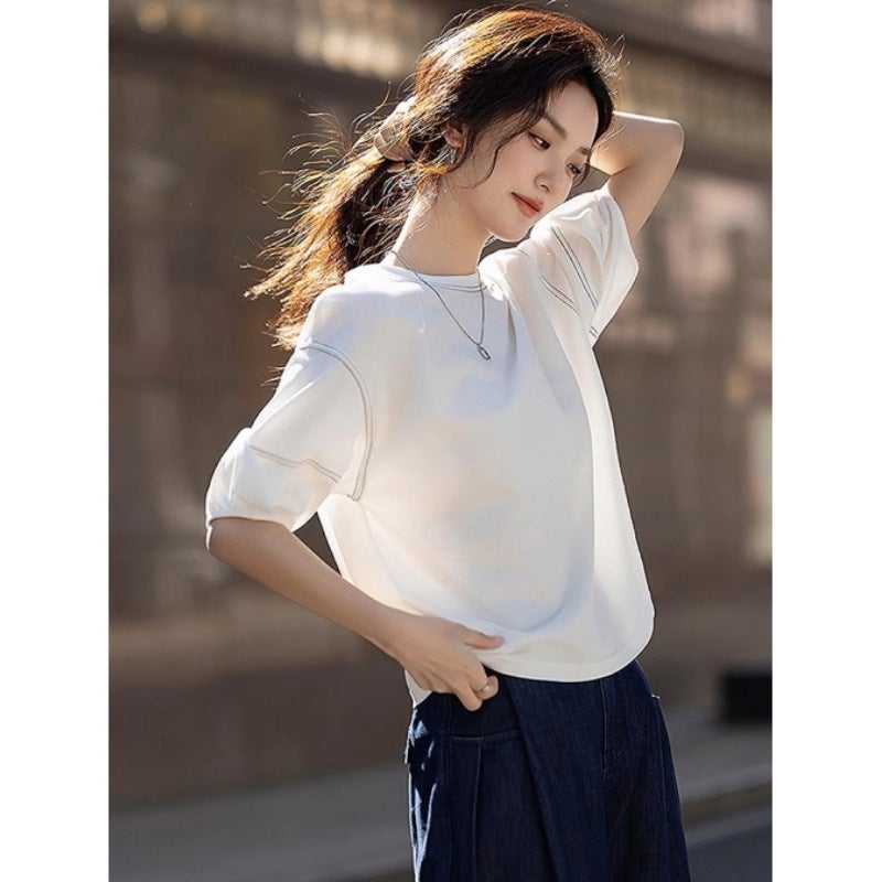 Relaxation Seven-point Short-sleeved T-shirt Women''s 2025 Summer New Round Neck Contrast Color Line Decorative Casual Lantern Sleeve Top - Image 2