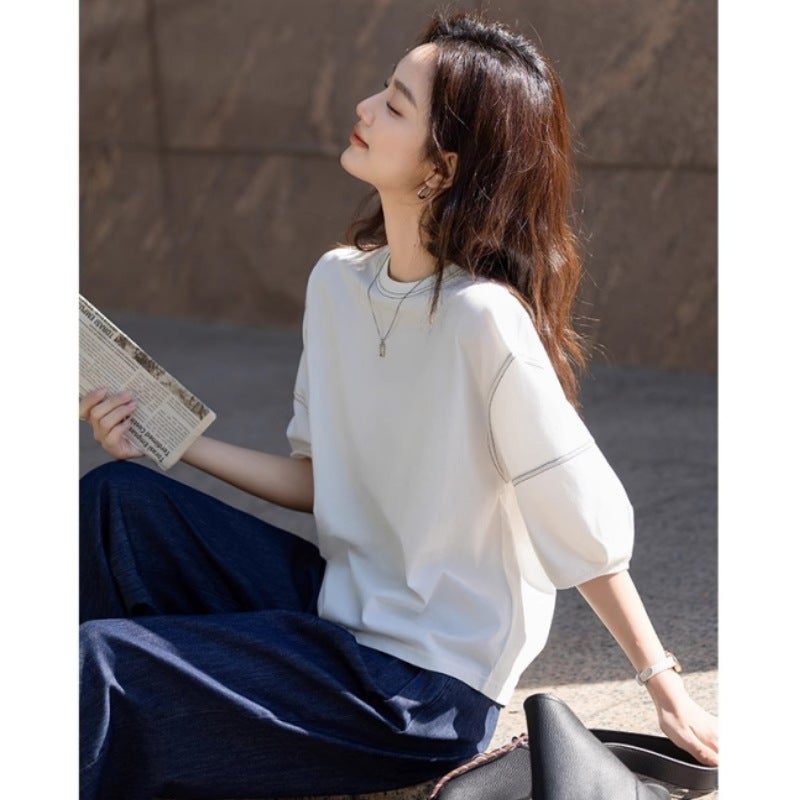 Relaxation Seven-point Short-sleeved T-shirt Women''s 2025 Summer New Round Neck Contrast Color Line Decorative Casual Lantern Sleeve Top - Image 1
