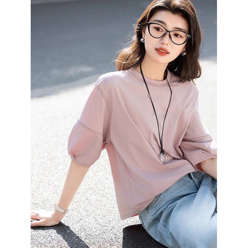 Relaxation Seven-point Short-sleeved T-shirt Women''s 2025 Summer New Round Neck Contrast Color Line Decorative Casual Lantern Sleeve Top - Image 5