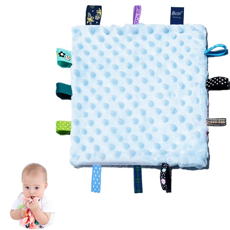 HECCEI Baby Tags Security Blankets  Baby Soothing Plush Blanket with Colorful Tags Square Sensory Toys 10 x 10 inches for 312 Months BabiesBlue - Image 1