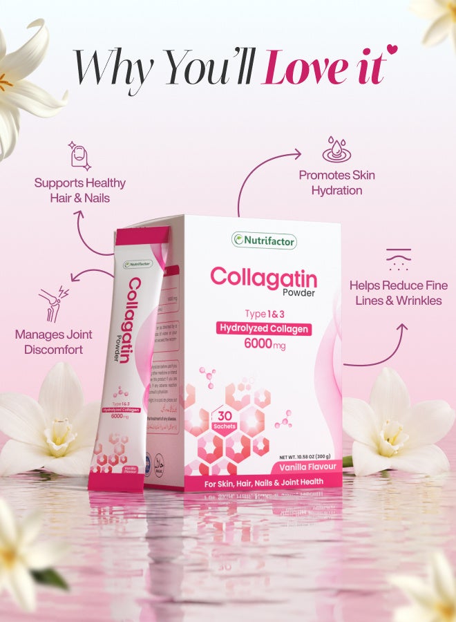 Nutrifactor Collagatin Powder – Hydrolyzed Marine Collagen Peptides Type I & III 6g Per Serving – Supports Skin, Hair, Nails & Joint Health – 30 Sachets - Image 2