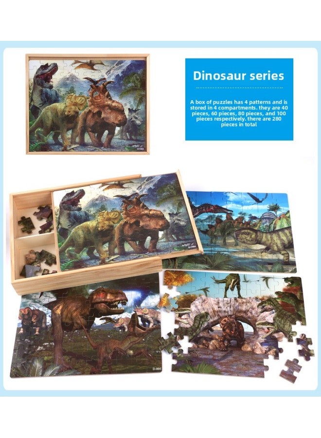 Wooden Cartoon 4 In 1 Wooden Boxed Puzzle Early Education Puzzle Children's Cartoon Characters Puzzle Toys Outlet-Color:Dinosaur - Image 1