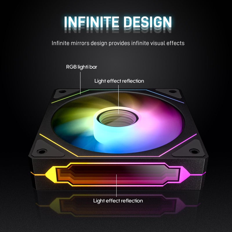 DARKROCK R120-2-Pack 120mm Reverse Installed Infinite Mirror Design PC Fan with Addressable RGB Effect, PWM Smart Control and Hydraulic Bearing for Stable Operation - Black - Image 4