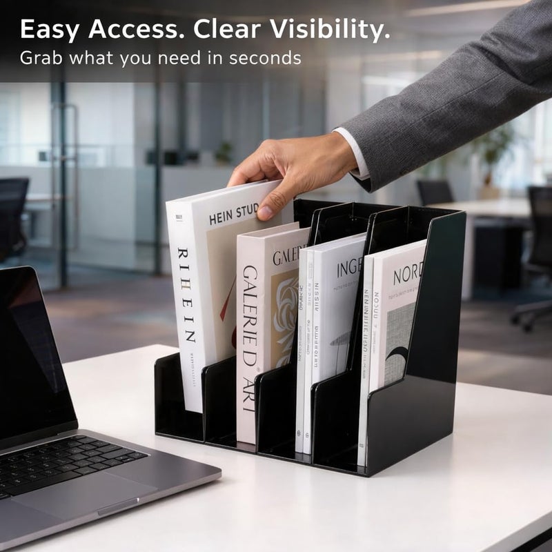 CiWiVOKi Vertical Magazine File Holder, Desk Organizer and Storage for Magazines, Binders, Notebooks, Envelopes, Multi-Purpose Desktop File Organizer for Home, Office & Classroom, 4 Pack, Black - Image 4