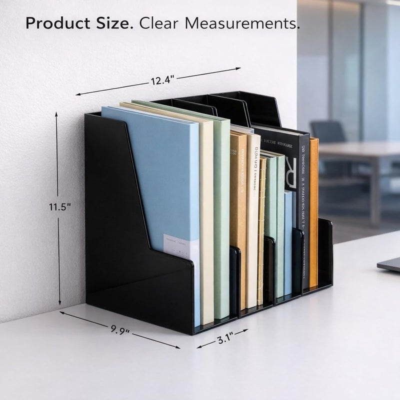 CiWiVOKi Vertical Magazine File Holder, Desk Organizer and Storage for Magazines, Binders, Notebooks, Envelopes, Multi-Purpose Desktop File Organizer for Home, Office & Classroom, 4 Pack, Black - Image 2