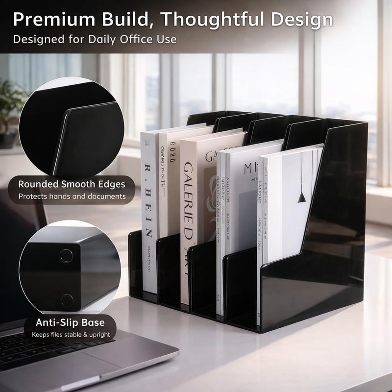 CiWiVOKi Vertical Magazine File Holder, Desk Organizer and Storage for Magazines, Binders, Notebooks, Envelopes, Multi-Purpose Desktop File Organizer for Home, Office & Classroom, 4 Pack, Black - Image 3