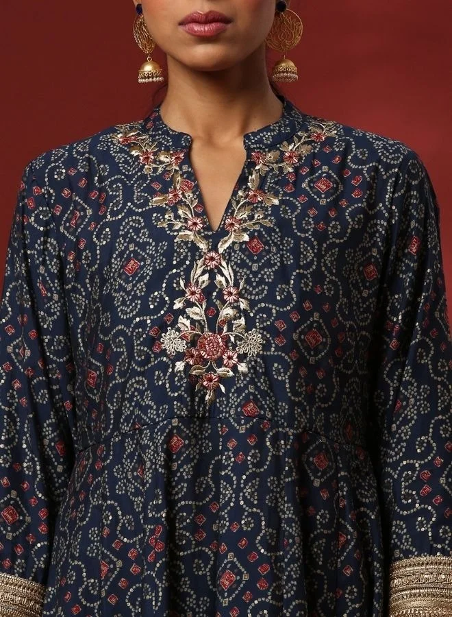 أبهشتي Flared bandhni printed kurta set with neck embroidery-navy