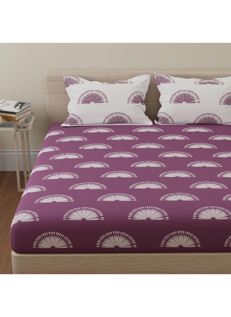 HUESLAND Huesland by Ahmedabad Cotton 144 TC Double Bed Sheet Cotton King Size with 2 Pillow Covers Sunrise 108x108 inches Grape Purple White 