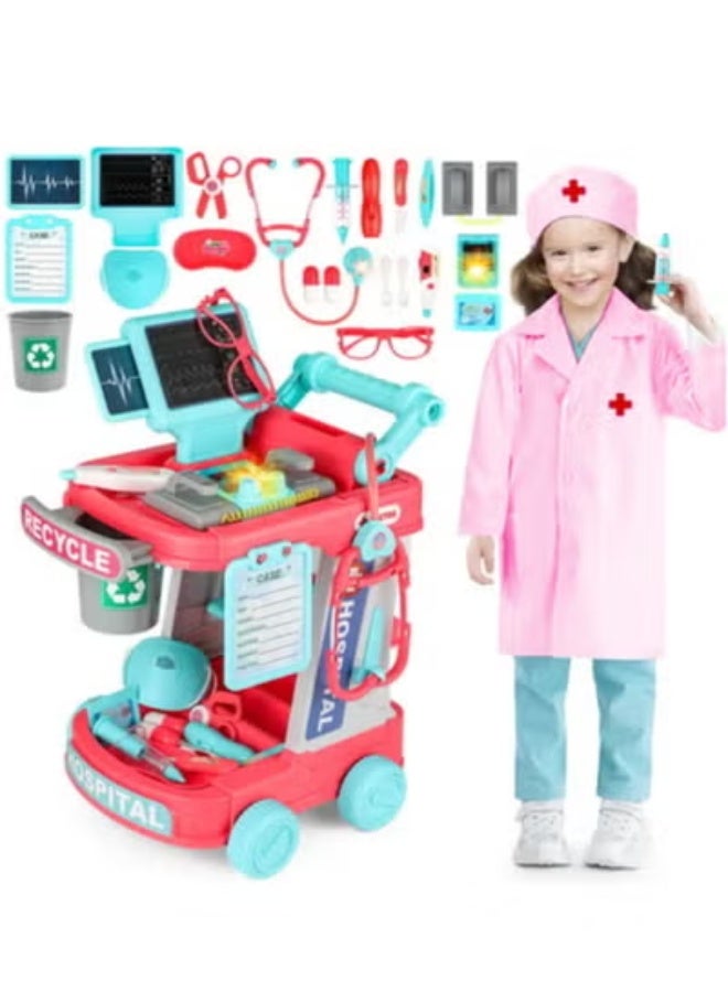Doctor Cart Kit for Kids Toy Pretend Playset with Doctor Costume Stethoscope and Medical Instruments Role Play Mobile Medical Station Set for Toddlers Girls Boys Age 3-6, Pink