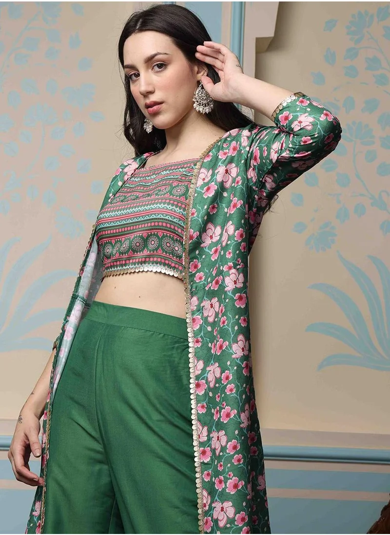 آي شين Women's Dark Green 100% Cotton Embellished Regular Fit Kurta Set