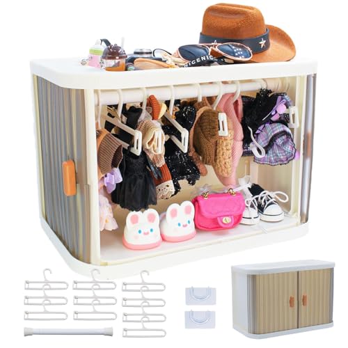 aimpiwt Foldable Doll Wardrobe Storage Box Compatible with Labubu Clothes with 10 Hangers Rod Stackable Organizer Cabinet for 1517cm Doll Clothes with DustResistant Cover and Display Shelf - Image 1