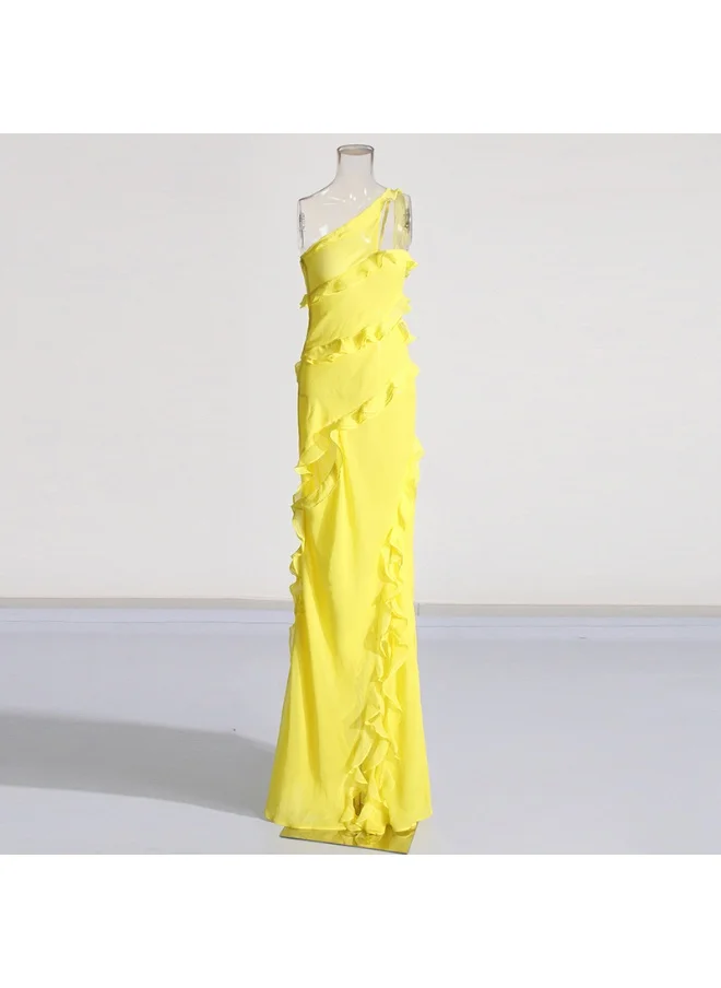 Madam Uniq Elegant Vacation Style Off-Shoulder Ruffle Hem Split Maxi Dress for Women