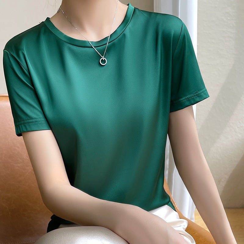 Acetic Acid Short-sleeved T-shirt Women's Summer New Style Top All-match High-grade Satin Crewneck V-neck - Image 1