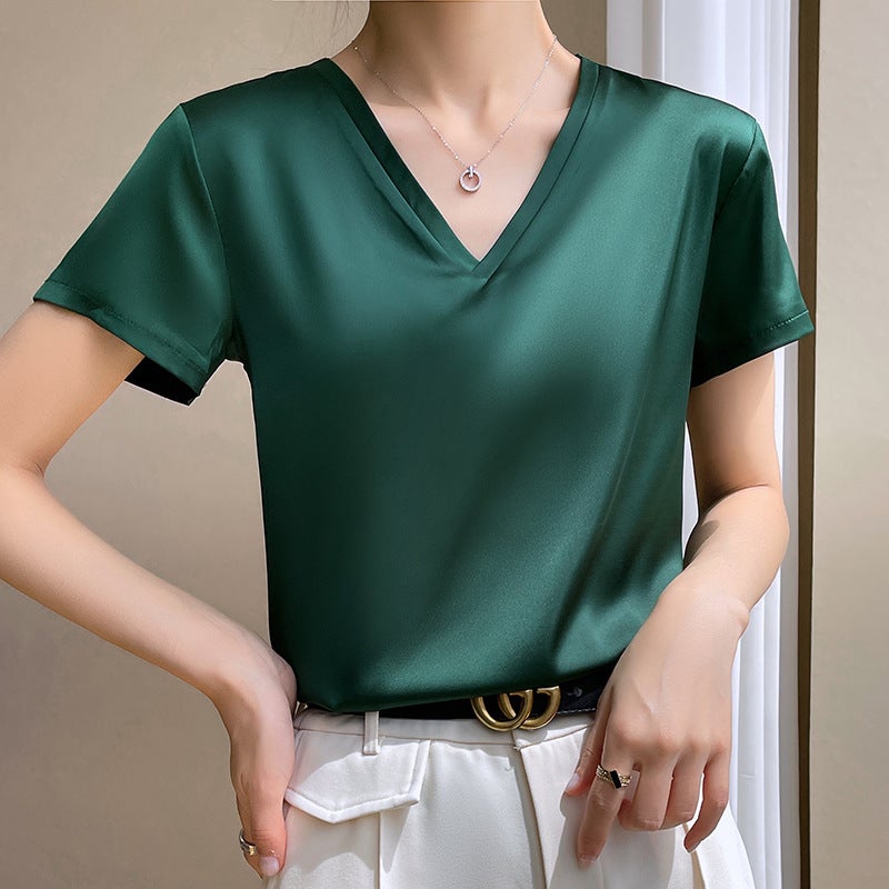Acetic Acid Short-sleeved T-shirt Women's Summer New Style Top All-match High-grade Satin Crewneck V-neck - Image 2