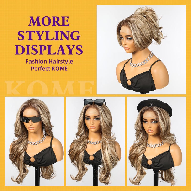 KOME Ash Blonde Highlight Synthetic Lace Front Wig,13x4 HD Lace Layered Wave Glueless Wigs for Women Daily Use 26IN - Image 2