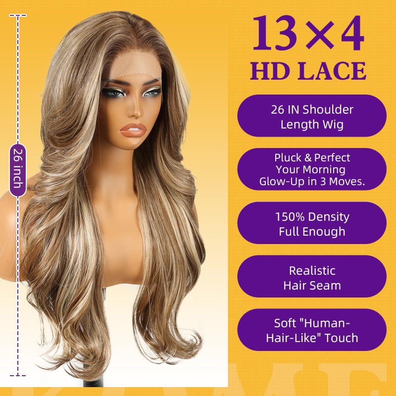 KOME Ash Blonde Highlight Synthetic Lace Front Wig,13x4 HD Lace Layered Wave Glueless Wigs for Women Daily Use 26IN - Image 4