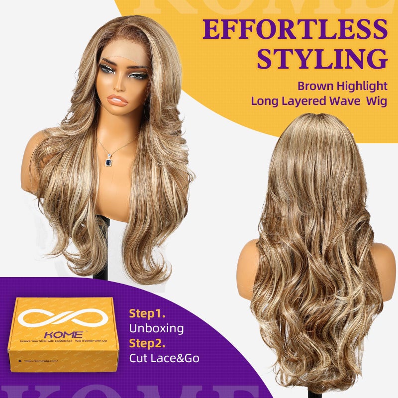 KOME Ash Blonde Highlight Synthetic Lace Front Wig,13x4 HD Lace Layered Wave Glueless Wigs for Women Daily Use 26IN - Image 3