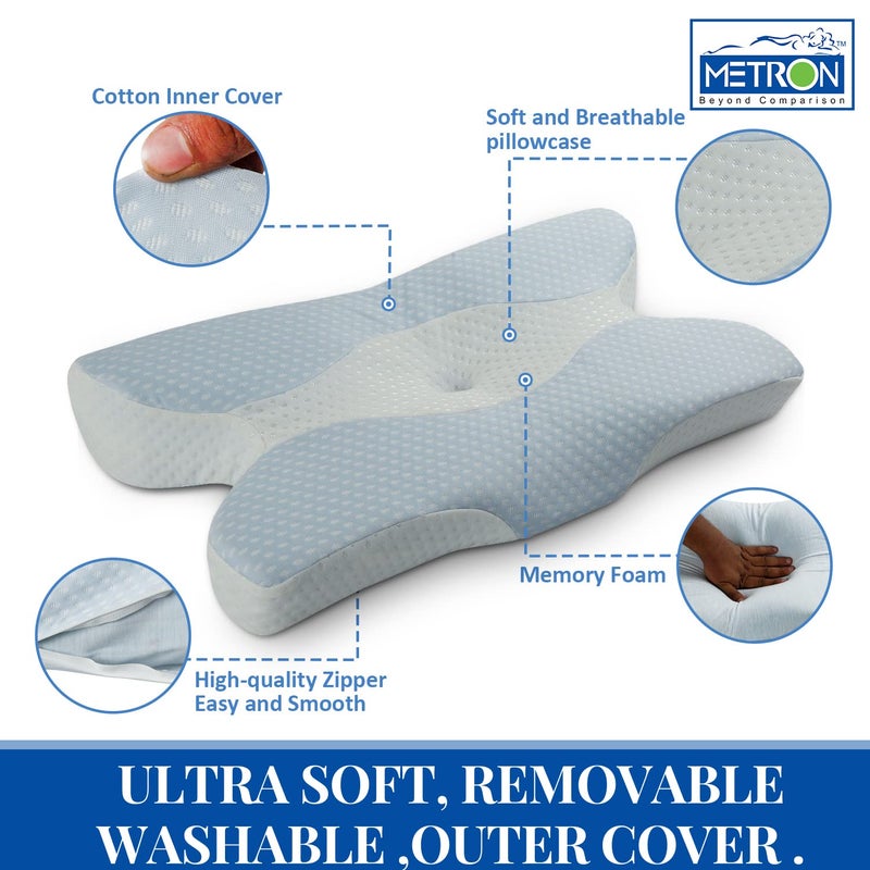 Metron Cervical Memory Foam Pillow | Contour Pillows for Neck and Shoulder Pain | Ergonomic Orthopedic Sleeping Neck Contoured Support Pillow for Side Sleepers Back and Stomach Sleepers | Washable Cover - Image 3