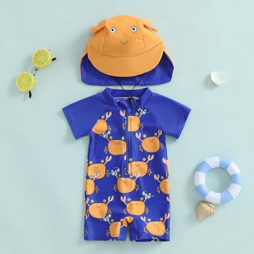 ZyHwShine Toddler Infant Baby Boy Swimsuit Newborn Rash Guard Baby Boys Girls One Piece Zipper Bathing Suit Swimwear with Hat (Crab-Blue, 6-12 Months) - Image 3