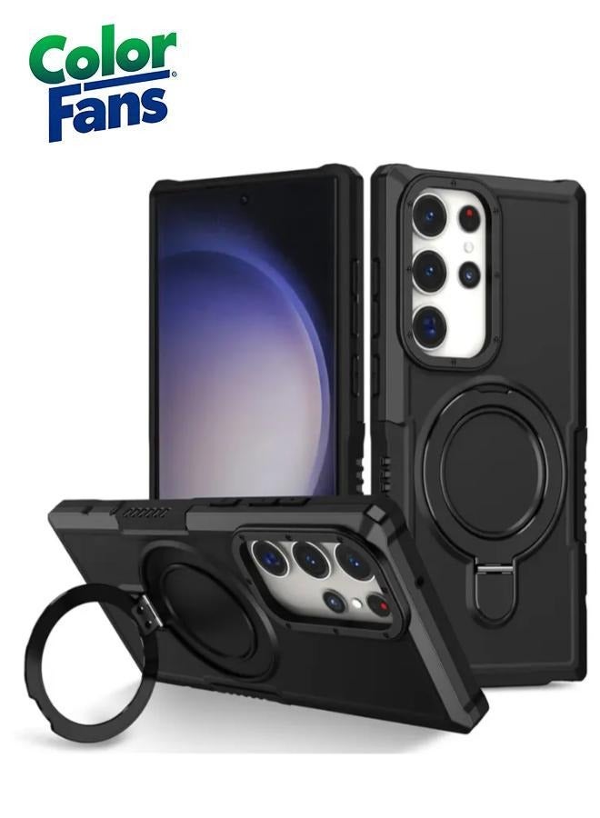 Color Fans Samsung Galaxy S24 Ultra Armor Case Magnetic Cover with Ring Kickstand Lens Protection - Black - Image 1