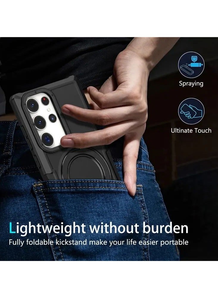 Color Fans Samsung Galaxy S24 Ultra Armor Case Magnetic Cover with Ring Kickstand Lens Protection - Black - Image 5