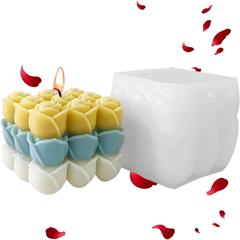 SOFTCREATO 3D Rose Flower Cube Candle Mold I 3D Fondant Bubble Rubik Cube Silicone Wax Epoxy Mould I Square Succulent Molds for DIY Handmade Chocolate, Cake Décor, Aromatherapy, Soap Resin Art Craft Home Decoration (Rose Rubik) - Image 1