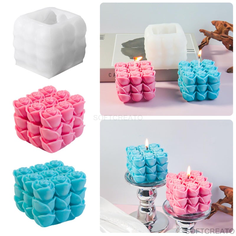 SOFTCREATO 3D Rose Flower Cube Candle Mold I 3D Fondant Bubble Rubik Cube Silicone Wax Epoxy Mould I Square Succulent Molds for DIY Handmade Chocolate, Cake Décor, Aromatherapy, Soap Resin Art Craft Home Decoration (Rose Rubik) - Image 5