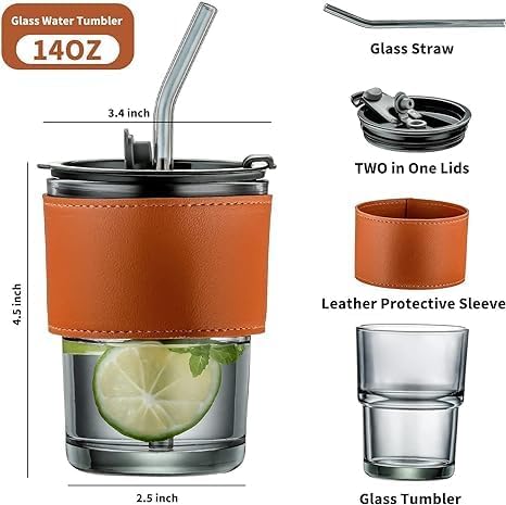 LARYNX 400 ml Glass Coffee Mug with Straw Coffee Cup with Leather Sleeve Mugs Gift Set Tea CupTumbler Mug Drinking Glasses for Gifts Travel Mug BlackSet of 2 - Image 4