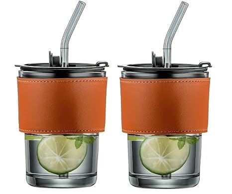 LARYNX 400 ml Glass Coffee Mug with Straw Coffee Cup with Leather Sleeve Mugs Gift Set Tea CupTumbler Mug Drinking Glasses for Gifts Travel Mug BlackSet of 2 - Image 1
