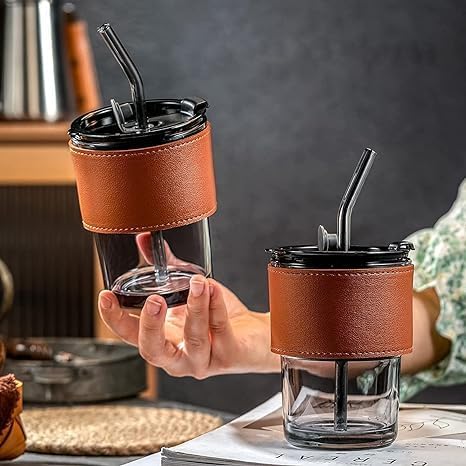 LARYNX 400 ml Glass Coffee Mug with Straw Coffee Cup with Leather Sleeve Mugs Gift Set Tea CupTumbler Mug Drinking Glasses for Gifts Travel Mug BlackSet of 2 - Image 5