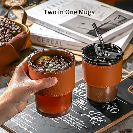 LARYNX 400 ml Glass Coffee Mug with Straw Coffee Cup with Leather Sleeve Mugs Gift Set Tea CupTumbler Mug Drinking Glasses for Gifts Travel Mug BlackSet of 2 - Image 2